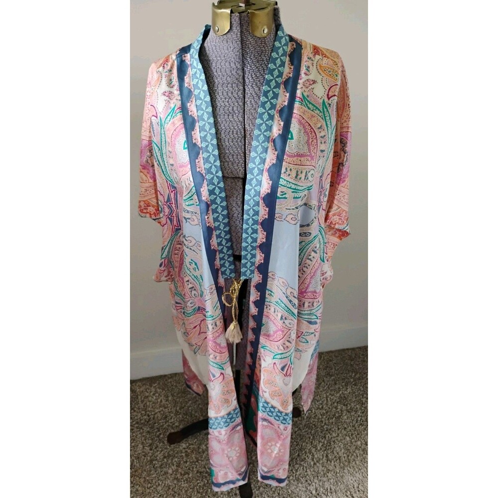 Chico's Silk Open Front Duster Jacket Kimono Paisley Long Length S/M NWOT